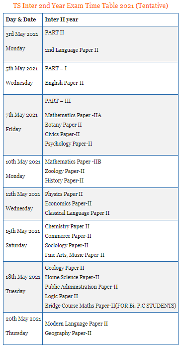 TS Intermediate Time Table 2021 Download సమయ పట్టిక 2nd Year Exam Date Manabadi tsbie.cgg.gov.in