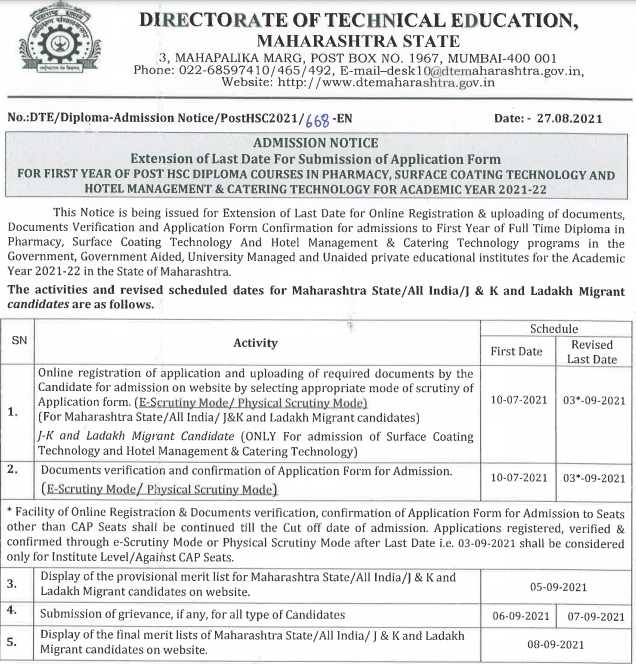 DTE Maharashtra Admission 2021-22 Extended date Notice