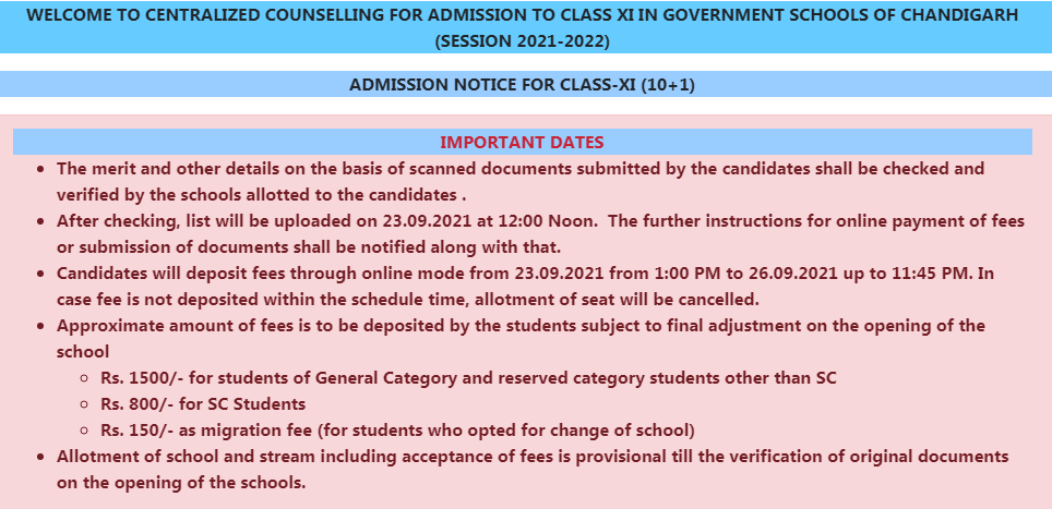 Chandigarh Class 11 Admission 2nd Merit List 2021