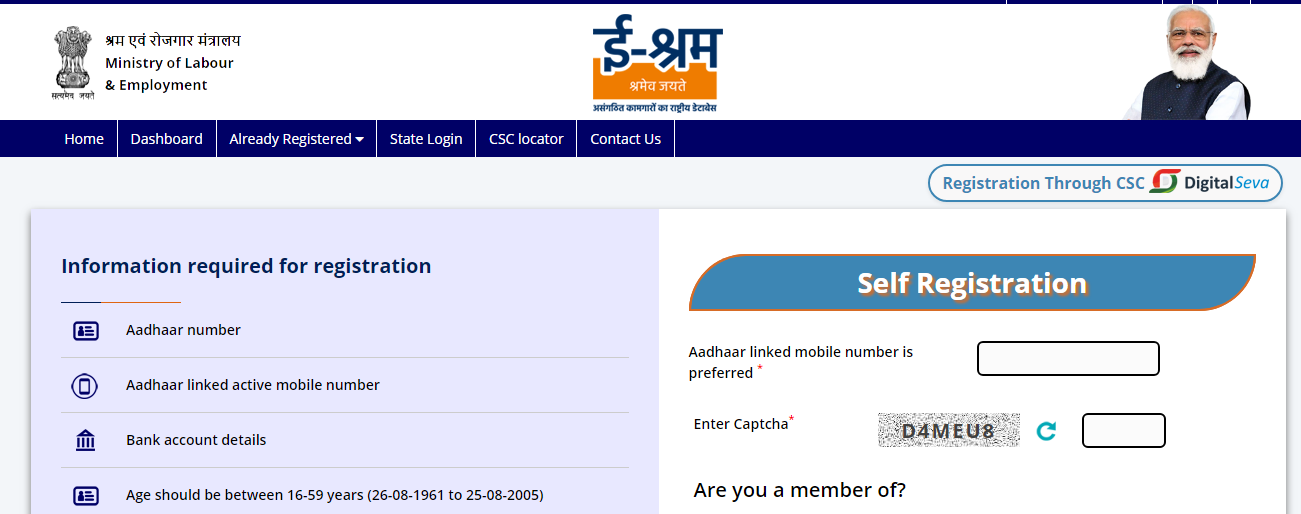 register.eshram.gov.in Registration 2022 Portal Login रजिस्ट्रेशन Online Apply CSC NDUW E Shramik Card Status