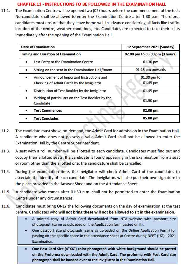 Important Instructions for NEET 2021 NTA admit card