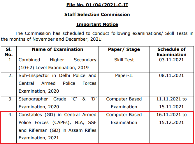 SSC GD Constable Exam Date Notice