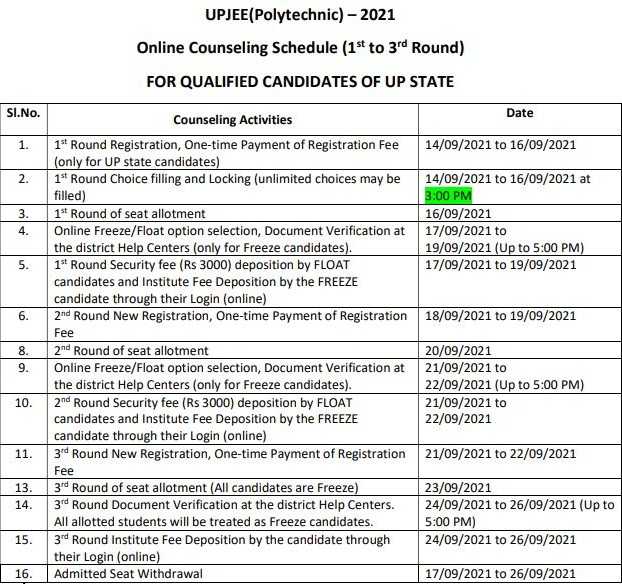 UPJEE 2021 Counselling Seat Allotment Schedule