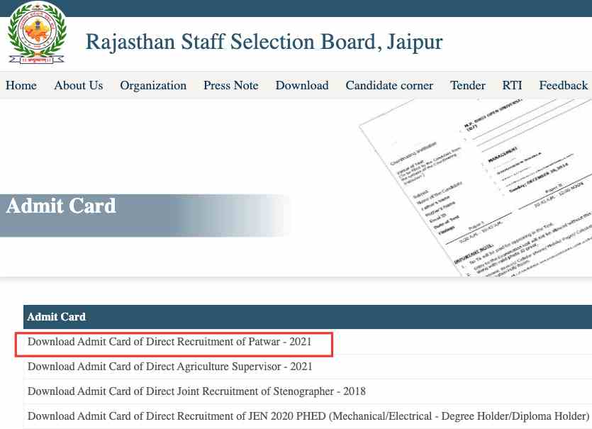 rsmssb.rajasthan.gov.in Patwari admit card 2021 download