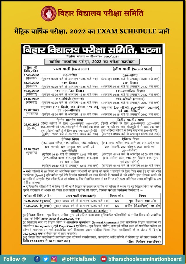 Bihar Board Matric Exam Date Sheet