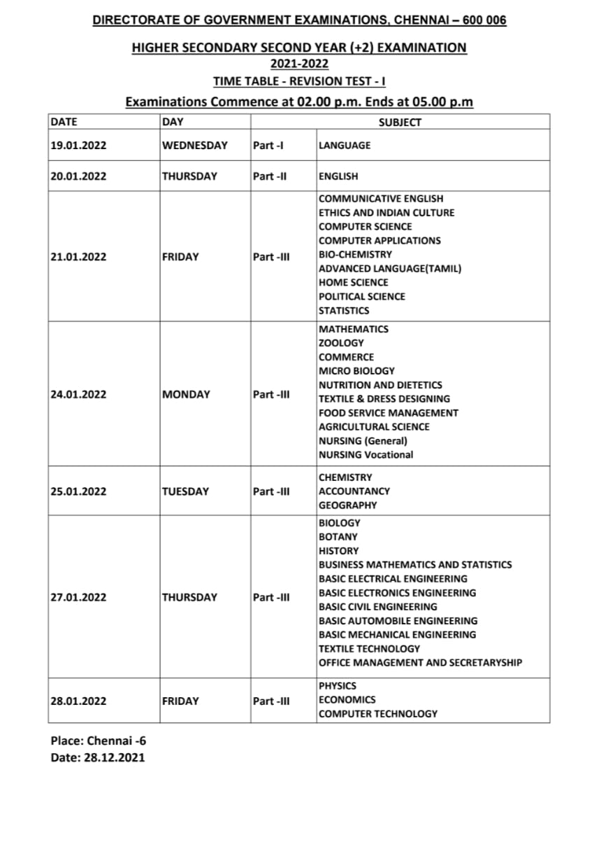TN 12th Revision Test 1 Time Table 2022