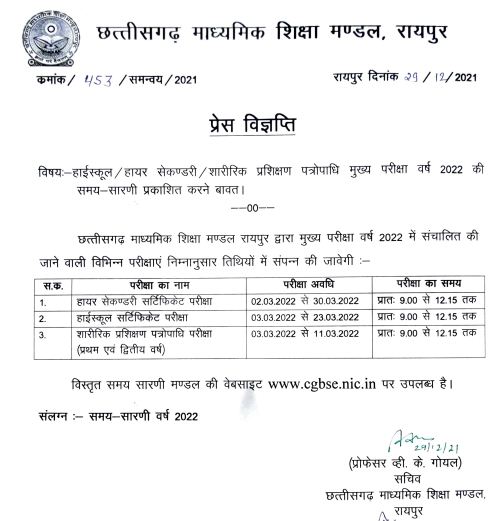CGBSE Exam Time Table 2022 Notice