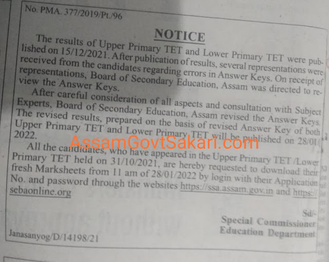 Assam TET Re Evaluation Result
