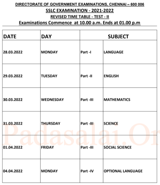 TN Class 10th Revision Test 2 Time Table 2022