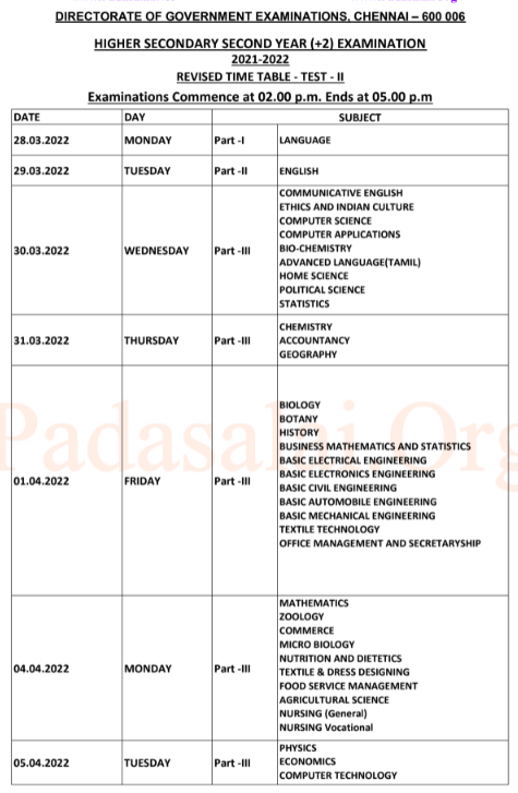 TN Class 12th Revision Test 2 Time Table 2022