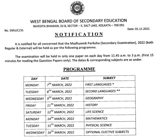 WB Board Madhyamik Exam Routine 2022
