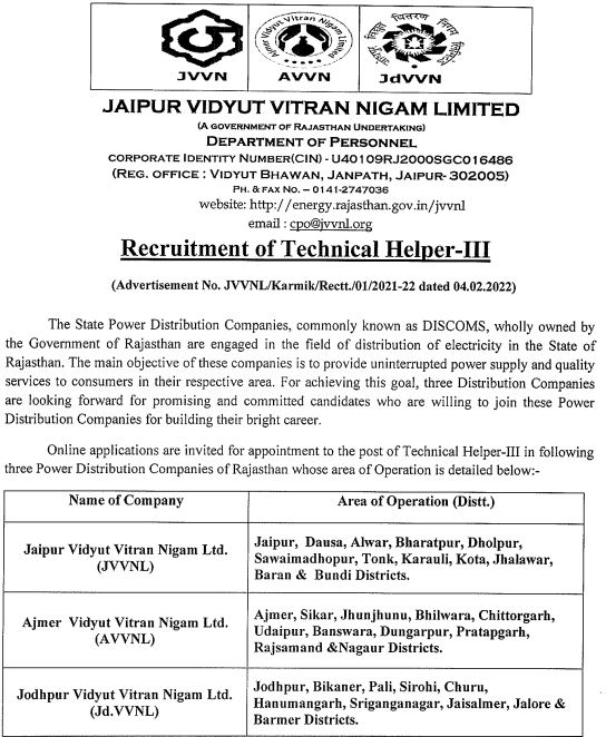 Rajathan Energy Department Technical Helper vacany Notice