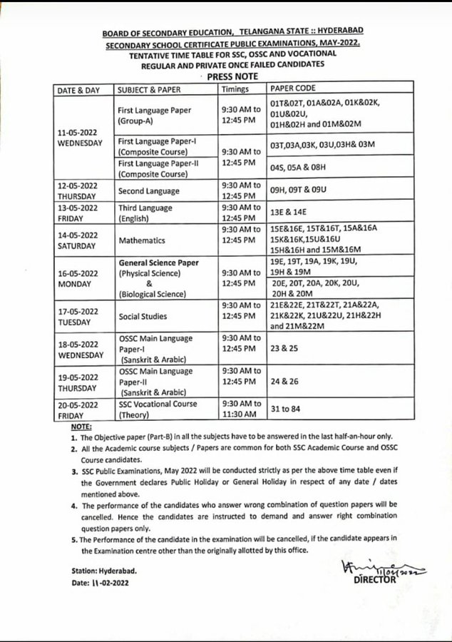 Telangana Board SSC Time Table 2022