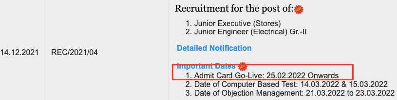 WBSETCL Junior Executive Admit Card 2022 Notice