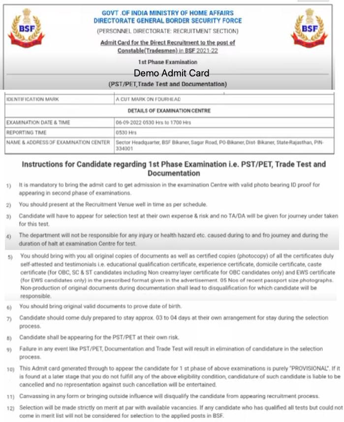 BSF Tradesman Admit Card Download 2022