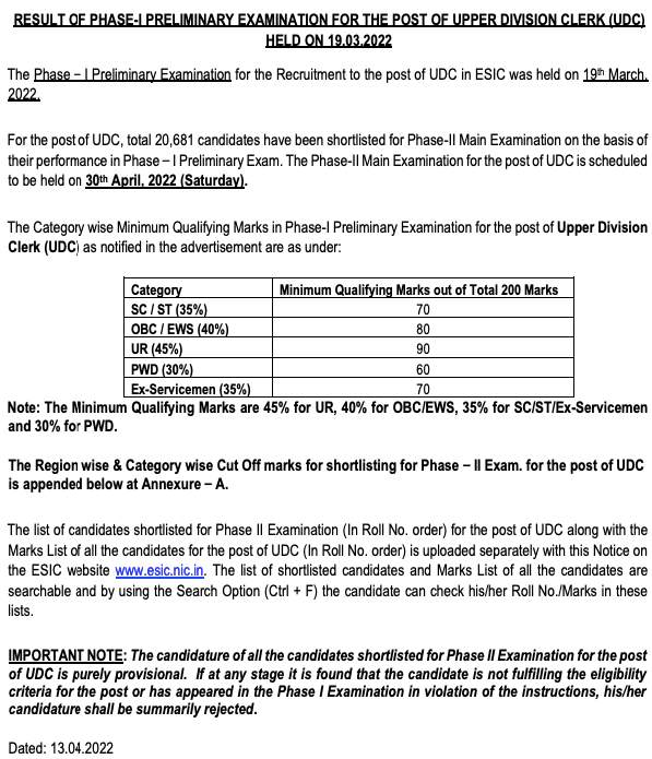 ESIC.nic.in UDC Result 2022 Notice