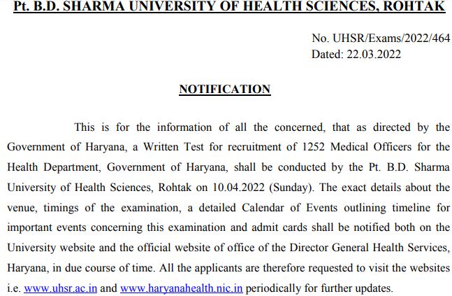 Haryana Health Medical officer Exam Date Notice
