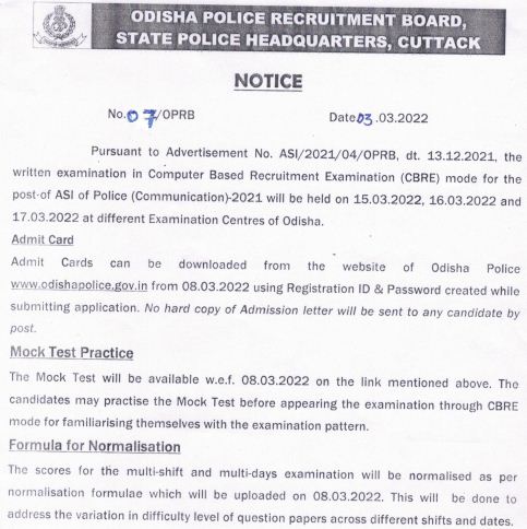 Odisha Police ASI Exam and Admit card notice