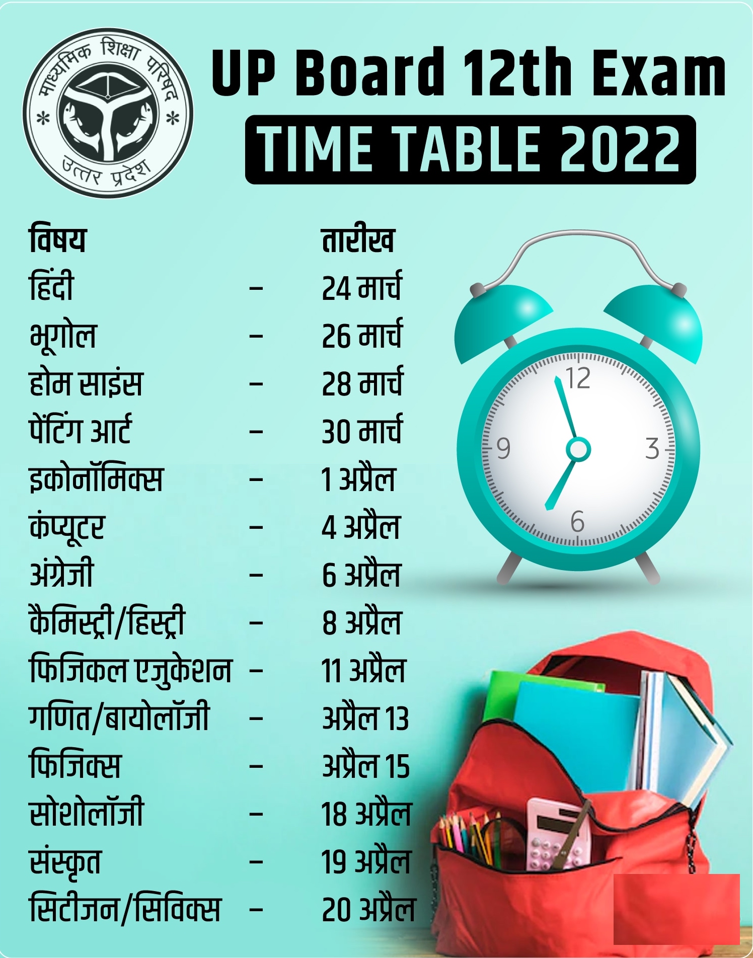 UP Board 12th Time Table 2022 PDF