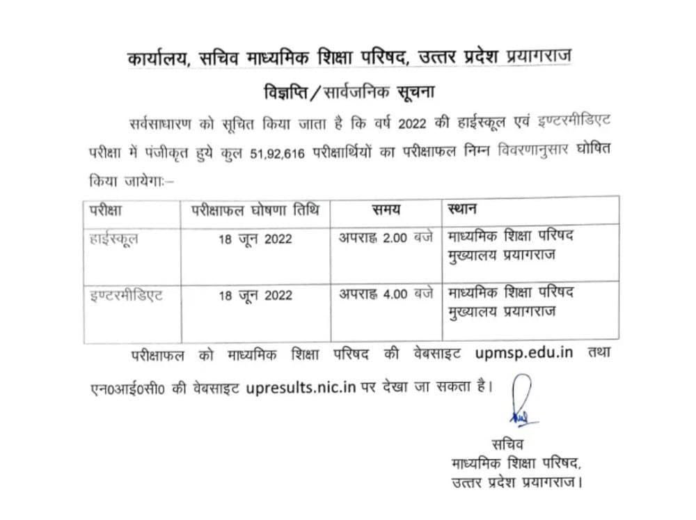 upresults.nic.in UP Board 10th Result 2022