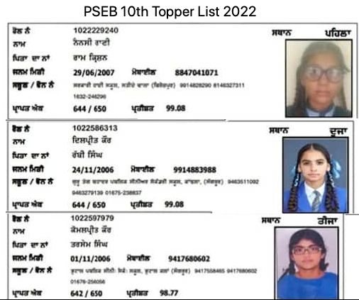 PSEB 10th Topper Merit List 2022