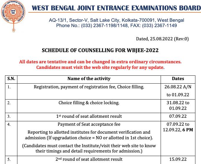 WBJEE Seat Allotment 2022 Result Notice