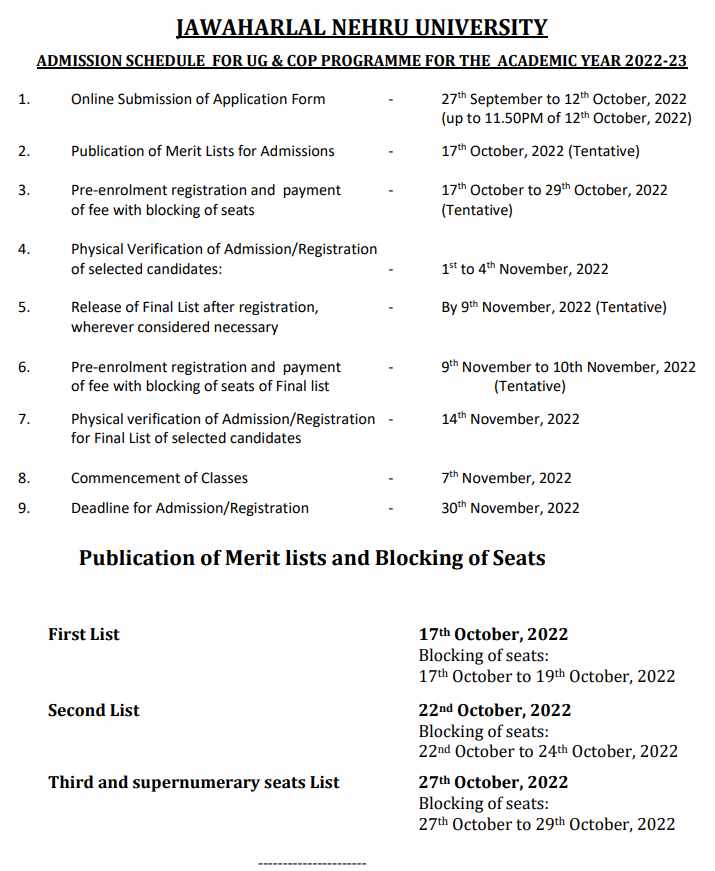 JNU UG Admission Schedule 2022