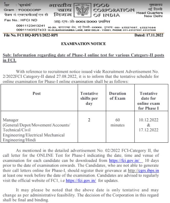FCI Category 2 Posts Exam Date