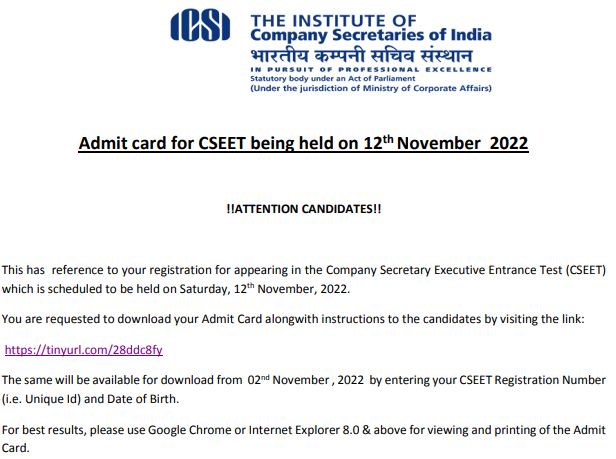 ICSI CSEET 2022 Exam Date & Admit Card Notice