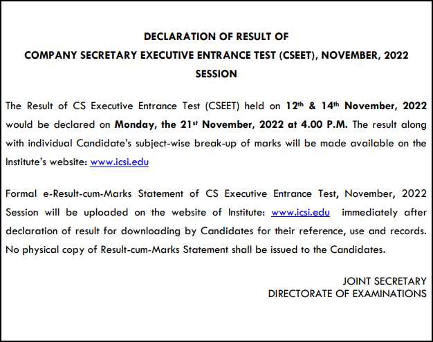 ICSI CSEET Result Notice