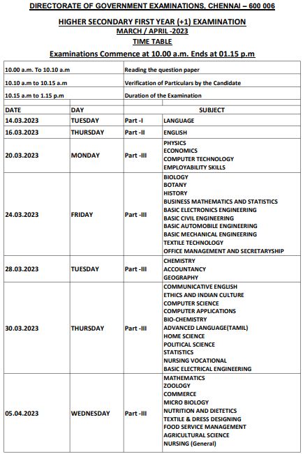 TN HSC +1/11th Class Public Exam Time Table
