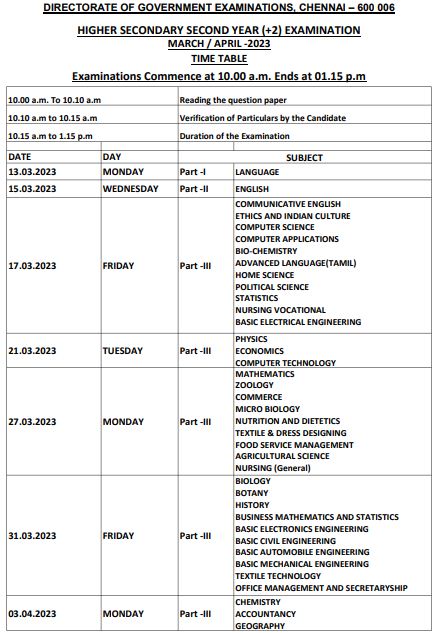 TN HSC/12th Public Exam Time Table