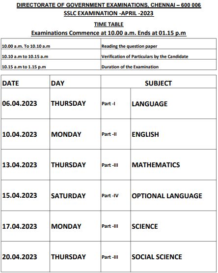 TN SSLC/10th Public Exam Time Table