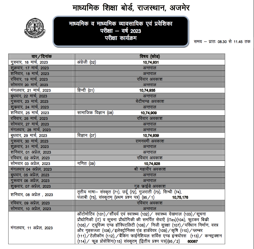 rajasthan Board 10th time table 2023
