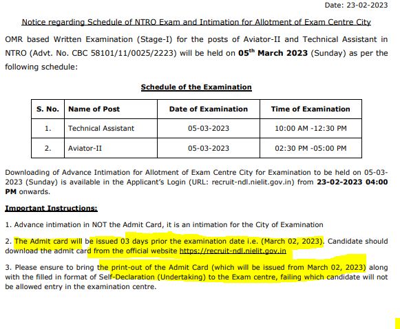 NTRO Technical Assistant Exam and Admit Card Date