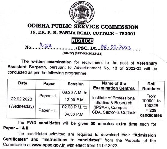 OPSC Veterinary Assistant Surgeon Exam Date and Admit Card Notice