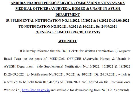 APPSC Medical officer Exam and Admit Card Date