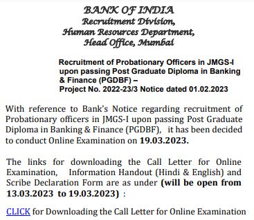 Bank of India PO Exam Date & Admit Card issue date