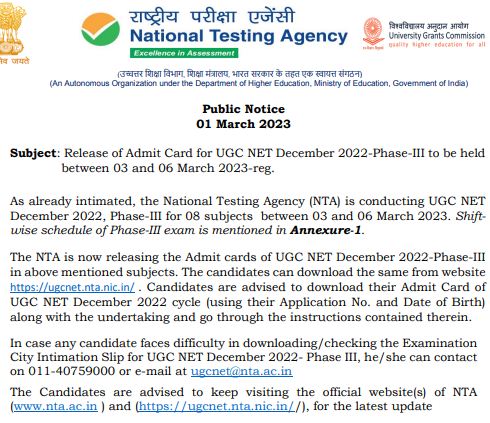 UGC NET Phase III Exam And Admit Card Date Notice