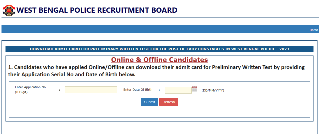 WB Police Lady Constable Admit Card