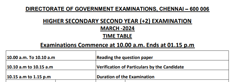 TN 11th Public Exam Time Table