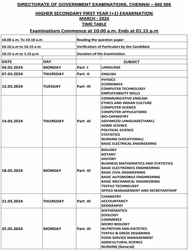 TN 11th Public Time Table 2024 PDF Download