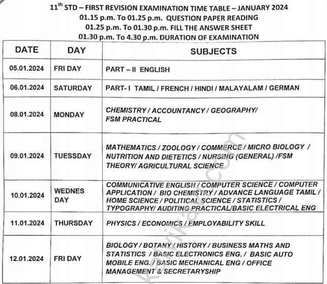 11th Standard First Revision Exam Time Table 2024