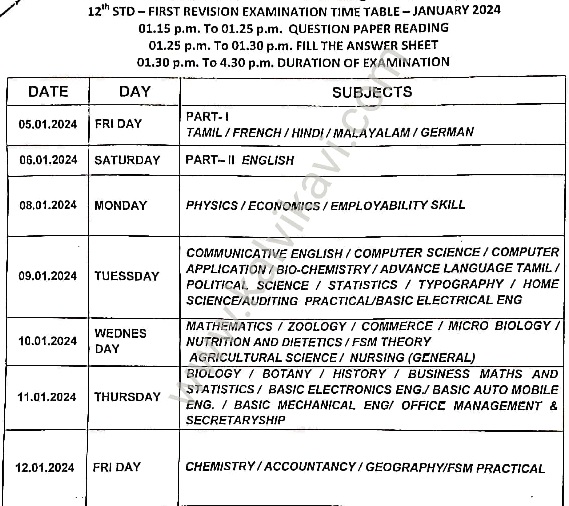 12th Standard First Revision Exam Time Table 2024