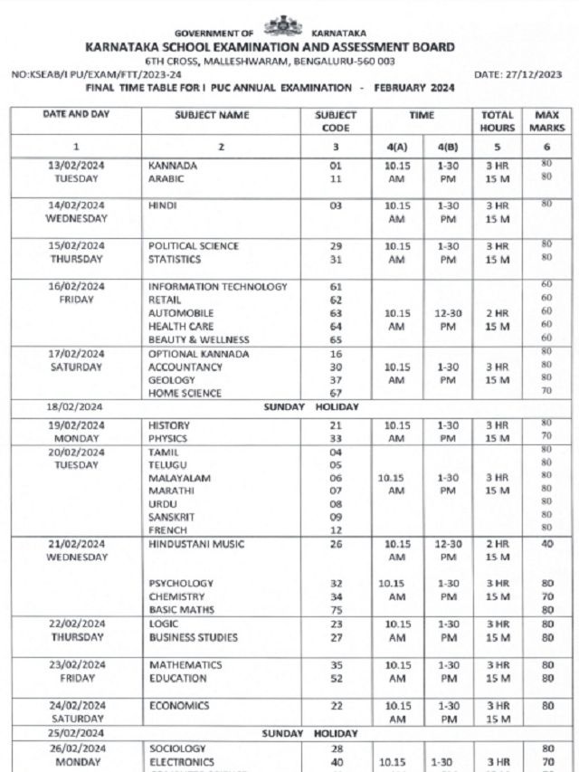 Karnataka 1st PUC Time Table 2024 PDF