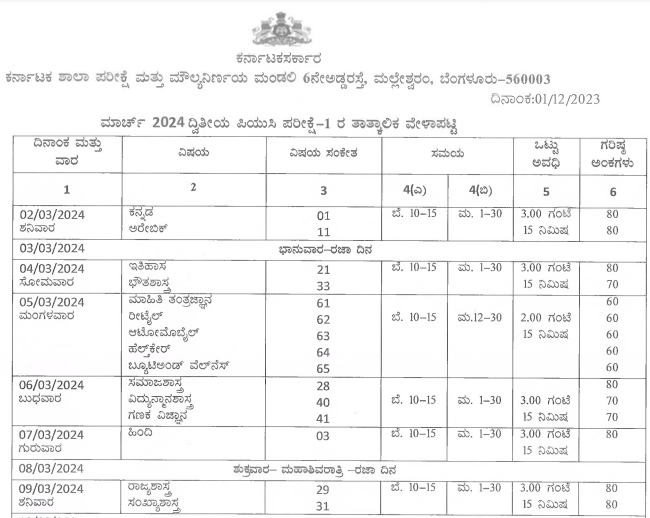 2nd PUC Exam Time Table 2024