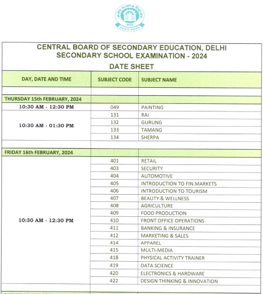 CBSE Class 10 Date Sheet 2024
