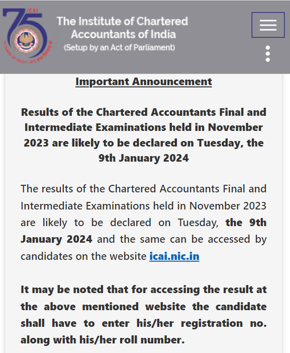CA Inter, Final Result nov 2023 Date and Time