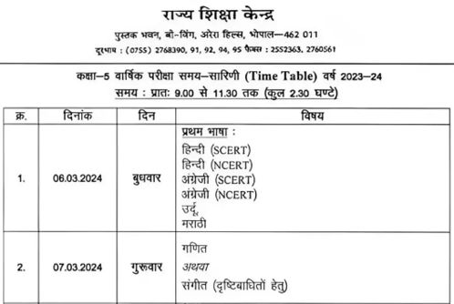 MP Board 5th Class Time Table 2024