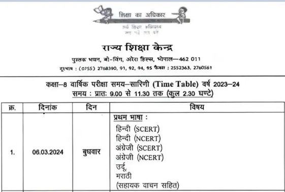MP Board Class 8th Time Table 2024